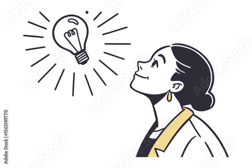 A woman looks up smiling at a brightly shining light bulb symbolizing a new idea or inspiration