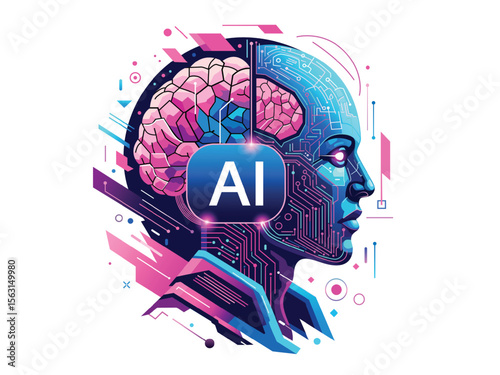 Futuristic AI concept. Half human, half digital brain for technology ai. illustration vector.