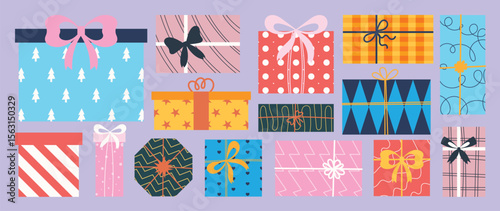 Christmas gift box vector. Collection of hand drawn gift box in different shapes and color, ribbon, bow, packaging. Happy Holiday Design for sticker, poster, invitation, greeting.