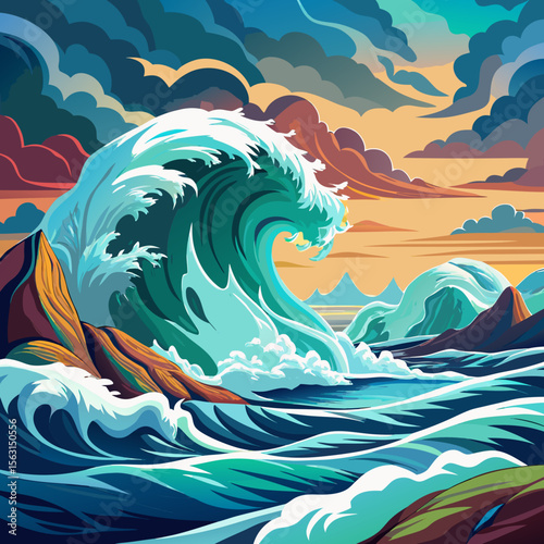 Closeup of ocean breaking waves. Sunset dawn crashing sea break Ai Generated Pro Photo
