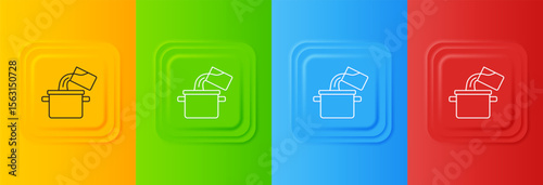 White Cooking pot icon isolated on colorful background. Boil or stew food symbol. Set icons in square buttons. Vector