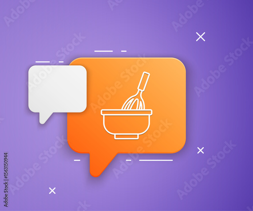 White Kitchen whisk with bowl icon isolated on purple background. Cooking utensil, egg beater. Cutlery sign. Food mix symbol. Orange speech bubble symbol. Vector