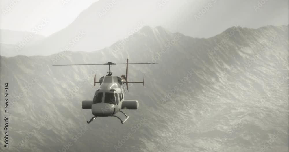 A helicopter navigates through foggy mountain terrain, showcasing its agile flight capabilities. The landscape features rugged peaks and a soft diffusion of sunlight, creating a mystical atmosphere.