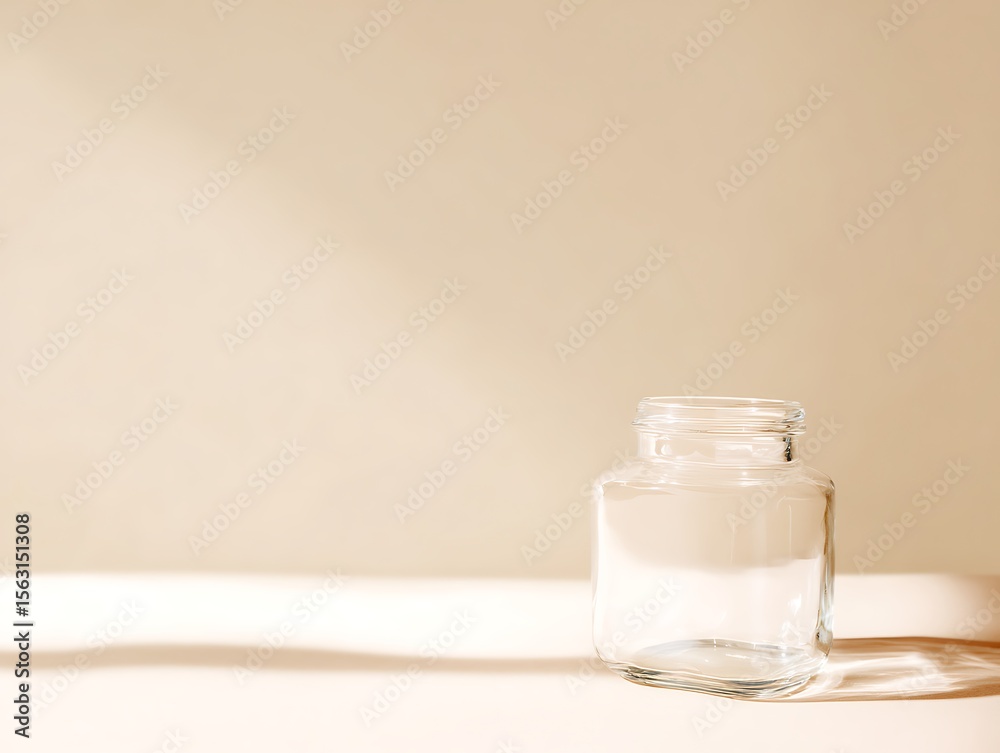 Empty glass jar, sunlit beige background Empty glass jar, sunlit beige background
