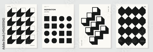 Abstract monochrome poster background vector set. Modern cover template with black and white perspective geometric prism shape. Ideal design for social media, banner, ads.