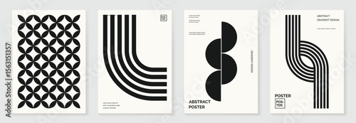Abstract monochrome poster background vector set. Modern cover template with black and white perspective geometric prism shape, line. Ideal design for social media, banner, ads.