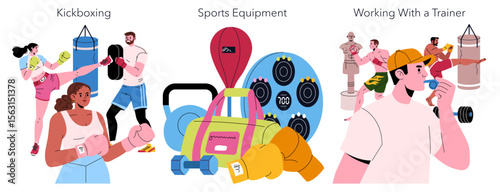 Kickboxing Training and Sports Equipment Vector Illustration