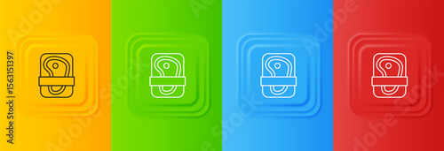 White Meat packaging steak icon isolated on colorful background. Fresh meat beef steak in plastic package. Organic product. Set icons in square buttons. Vector