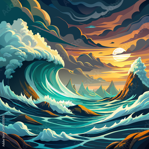 Closeup of ocean breaking waves. Sunset dawn crashing sea break Ai Generated Pro Photo
