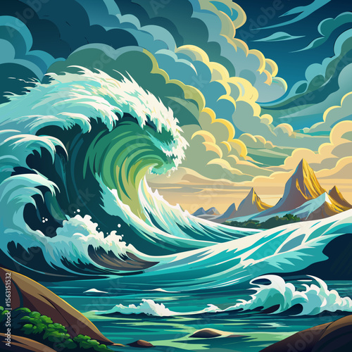 Closeup of ocean breaking waves. Sunset dawn crashing sea break Ai Generated Pro Photo
