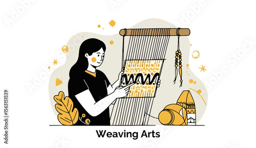 Young woman examining a woven textile on a loom in a traditional craft setting. Artisan carefully inspecting patterned fabric with a loom and craft accessories.