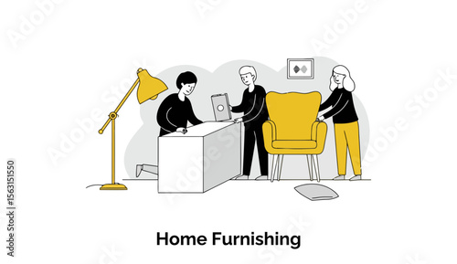 Young adults arranging furniture in a modern living room. Two adults assist in placing a yellow armchair near a white table. Home furnishing consultants at a client's residence -