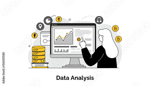 A female data analyst in a black blazer examines data visualizations on a computer screen in a modern office setting.