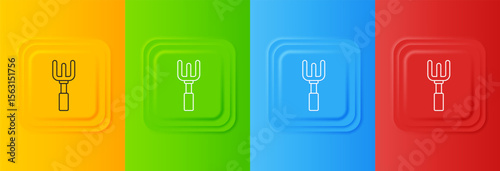 White Garden rake icon isolated on colorful background. Tool for horticulture, agriculture, farming. Ground cultivator. Housekeeping equipment. Set icons in square buttons. Vector