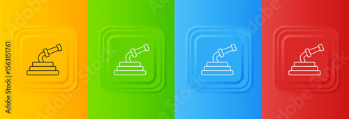 White Garden hose icon isolated on colorful background. Spray gun icon. Watering equipment. Set icons in square buttons. Vector