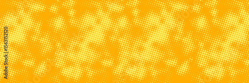 Yellow halftone pattern. Retro comic gradient background. Bright orange pixelated dotted texture overlay. Cartoon pop art faded gradient pattern. Vector backdrop for poster, banner, advertisement