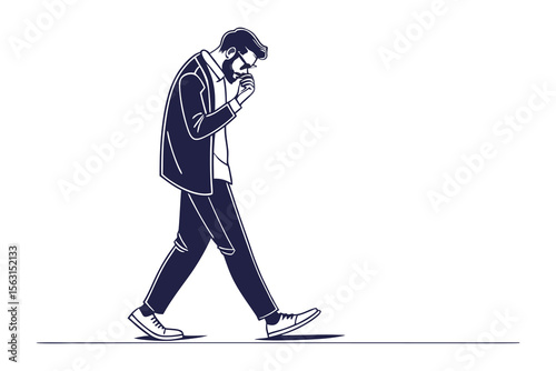 Stylish man with beard and glasses walking thoughtfully while holding his hand to his chin in a minimalist line art illustration