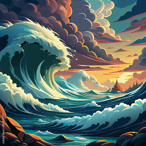 Closeup of ocean breaking waves. Sunset dawn crashing sea break Ai Generated Pro Photo

