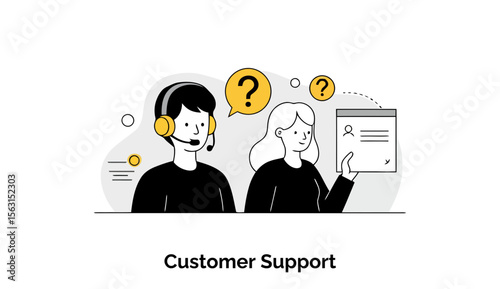 Young customer service representatives in black clothing are assisting a customer in a modern office setting. One representative is listening attentively, while the other is presenting a document.