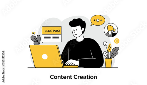 Young male content creator working on a blog post at a home office. Focused on laptop keyboard with a plant in the background. Young professional content creator at a home office -