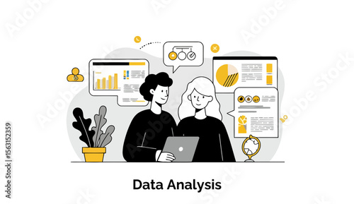 Data analysis collaboration by diverse professionals in a modern office setting. Two individuals reviewing data on laptops and projections, presenting insights in a professional environment.
