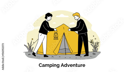 Camping Adventure Illustration of two young adults in casual attire setting up a tent in a landscape outdoors. Outdoor enthusiasts in a nature setting -