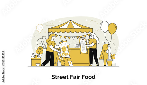 Street food vendors displaying menus at an outdoor festival featuring women. Promoting the menu and food options at a vibrant street fair location.