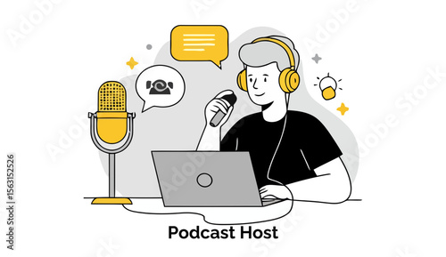 Adult male podcast host recording a podcast in a home studio. He wears headphones, holds a microphone, and sits at a laptop.