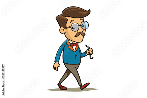 Cartoon gentleman with a mustache and glasses walks confidently while holding a cane dressed in a blue jacket and red bow tie