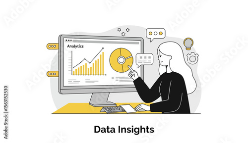 Female data analyst in casual business attire studying data insights on a computer screen in an office setting. Presenting analysis with pointing hand at a computer monitor with graphs and charts.