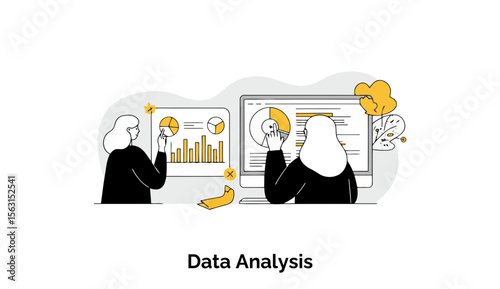 Female data analysts in professional attire analyzing data on a computer and white board in an office setting.