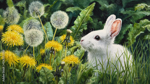 White rabbit in meadow with dandelions blowing in breeze