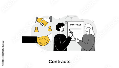 Businesspeople of diverse demographics in formal attire exchanging contracts in a professional office setting.