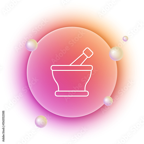 White Mortar and pestle icon isolated on white background. Orange and pink gradient circle background. Vector