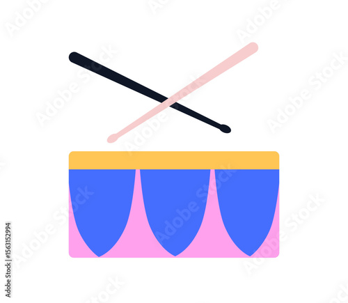 Drum with drumsticks. Festive carnival percussion, music instrument with cros...