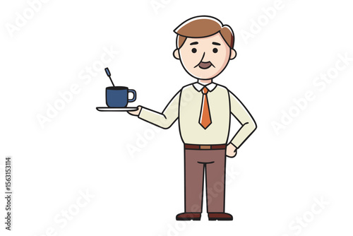 Friendly cartoon man in a suit holding a tray with a blue mug and stirrer ready to serve a beverage