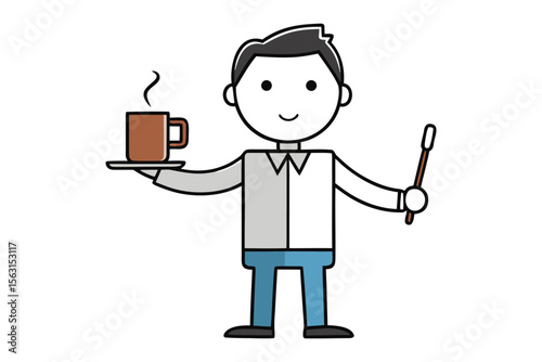 Smiling cartoon man holding a steaming cup of coffee on a saucer and a toothbrush with toothpaste on white background