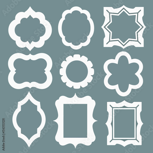 A versatile set of nine white silhouette frames in various ornate and whimsical shapes, ideal for scrapbooking, photo collages, or unique branding labels.
