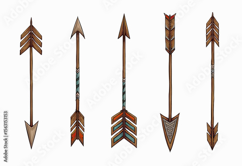 A collection of five rustic, hand-drawn arrows with tribal patterns and decorative fletching, pointing down for creative bohemian or adventure design projects.
