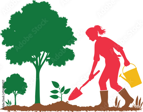Flat Silhouette of Tree Planter – Environmental Care Illustration

