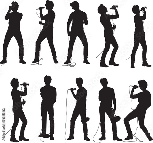 Vector Silhouette Collection: Clean and Bold Designs Set of rock music singer various singing on microphone having co