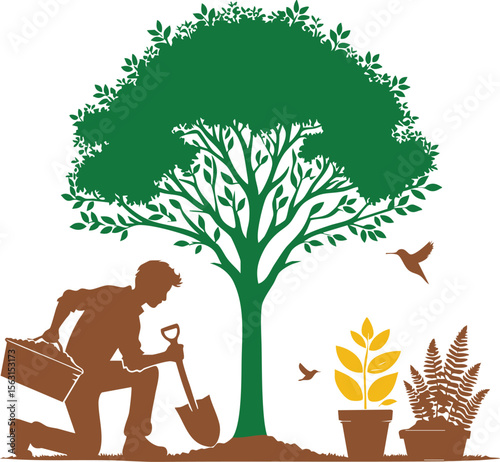 Gardener Planting Tree Silhouette – Nature Conservation Vector

