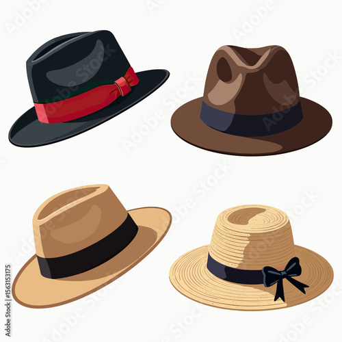 A stylish collection of four classic hats, including a black fedora, a brown trilby, and straw hats for men and women, perfect for fashion and travel concepts.
