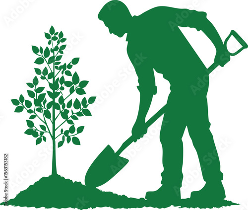 Man Planting Tree – green Silhouette Vector on White