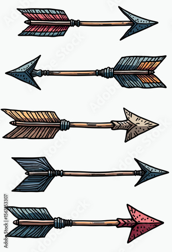 A collection of five hand-drawn vintage arrows with colorful fletching and textured arrowheads, perfect for tribal-themed designs, adventure logos, or rustic decor.
