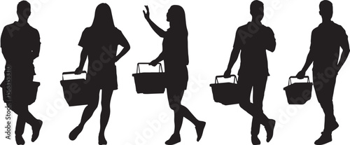 Shopping Silhouette: People with Shopping Baskets, Vector Illustration