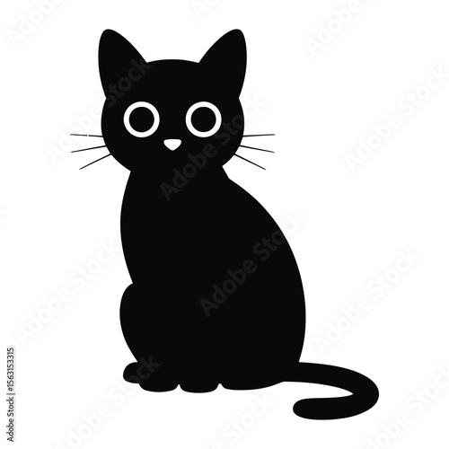 Adorable cartoon black cat sitting with large eyes and whiskers illustration