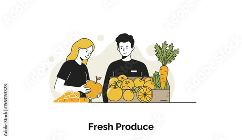 A young woman and a young man, dressed in casual black shirts, interact with a display of fresh produce.