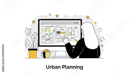 Female urban planner reviewing urban design blueprints on a computer screen in a home office setting. Focused female professional in business attire at work in a home office.