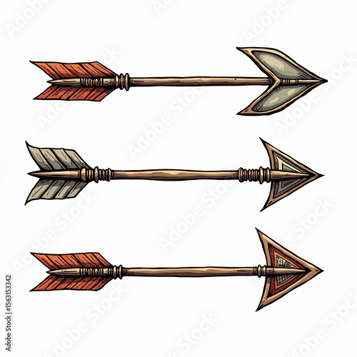 A set of three detailed, hand-drawn vintage arrows with ornate metal arrowheads and feathered fletching, perfect for tribal, hunting, or adventure themes.
